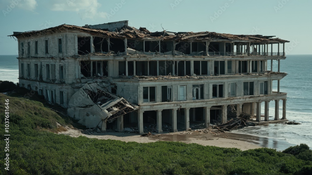 Abandoned building by the ocean, damaged and crumbling, overtaken by nature's force Abandoned building by the ocean, damaged and crumbling, overtaken by nature's force