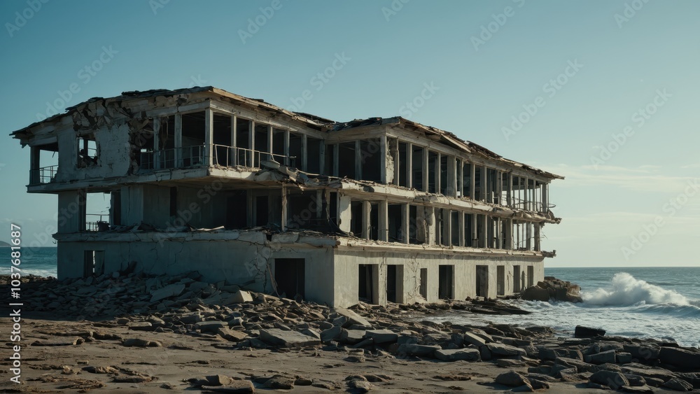 Abandoned building by the ocean, damaged and crumbling, overtaken by nature's force Abandoned building by the ocean, damaged and crumbling, overtaken by nature's force