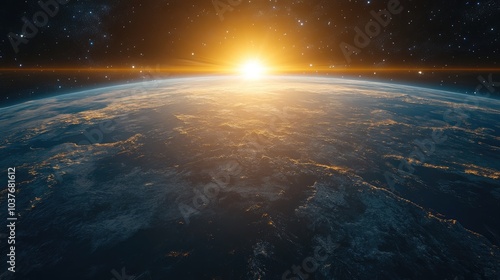 3D illustration showcasing a cartoon rendering of Earth viewed from space featuring a glowing sunrise against a backdrop of the universe and galaxy Concept of nature and world environment highligh