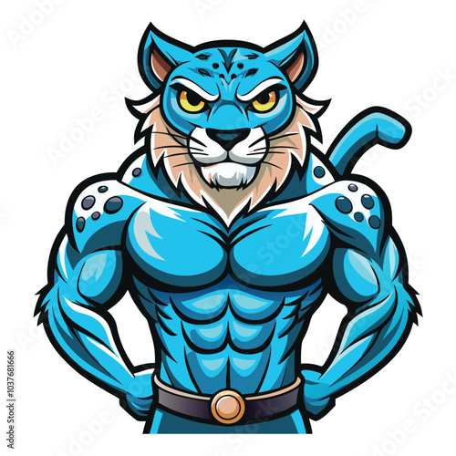 Blue Muscular Cartoon Snow Leopard Mascot