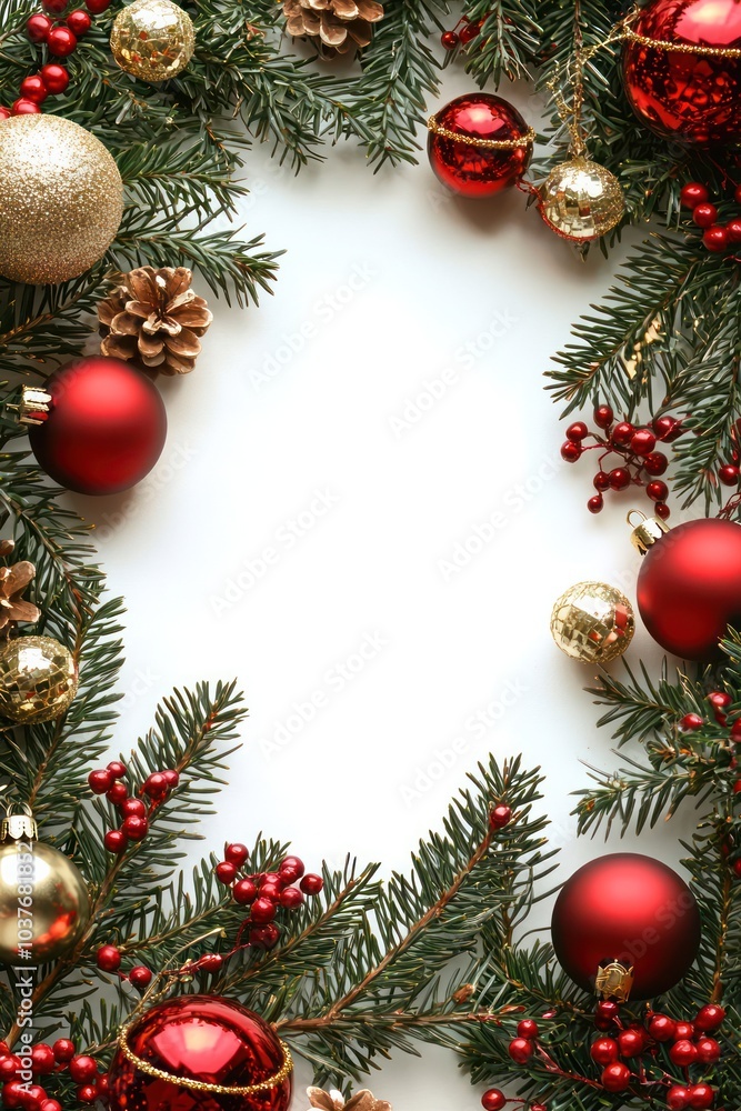 Classic Christmas Border Featuring Red and Gold Baubles on Fir Branches with Space for Greeting Text Classic Christmas Border Featuring Red and Gold Baubles on Fir Branches with Space for Greeting Text