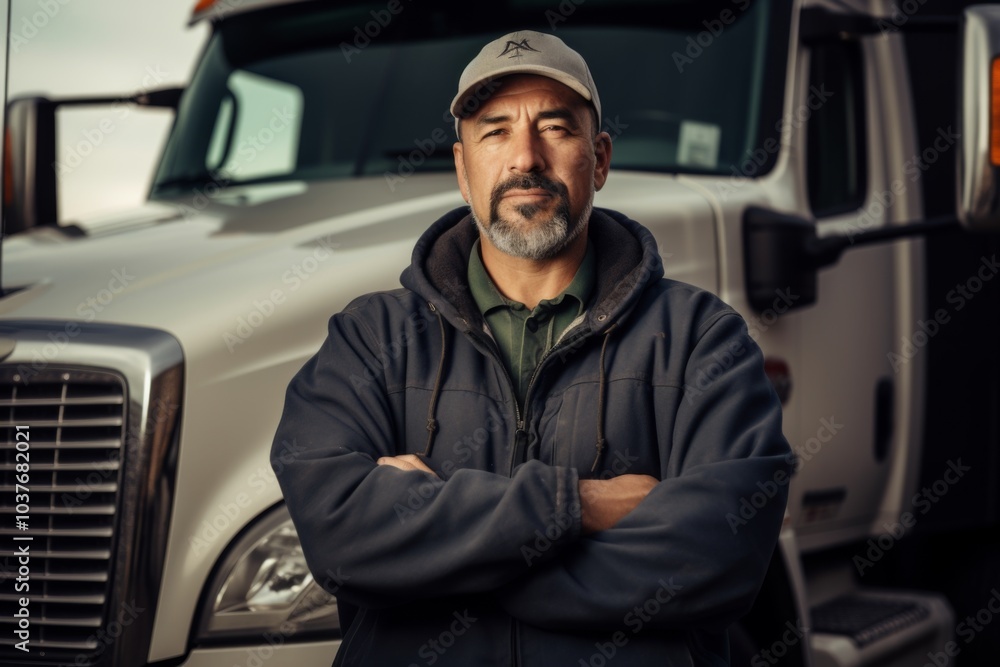 Portrait of a Hispanic truck driver infront of a truck in USA Portrait of a Hispanic truck driver infront of a truck in USA