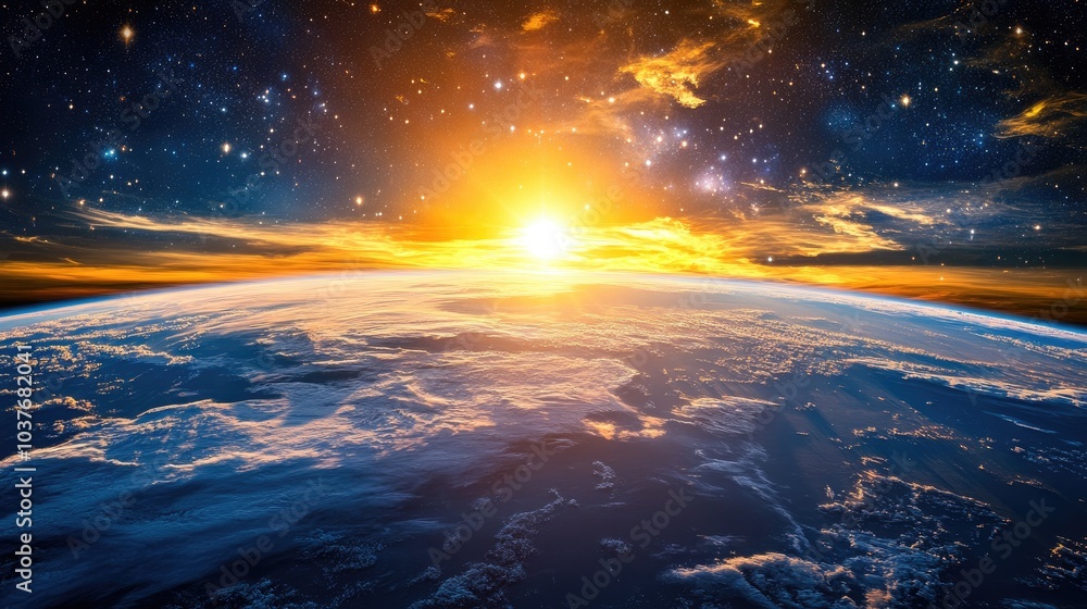 Panoramic view of the Earth sun stars and galaxy in a 3D cartoon rendering Sunrise above our planet observed from space Panoramic view of the Earth sun stars and galaxy in a 3D cartoon rendering Sunrise above our planet observed from space