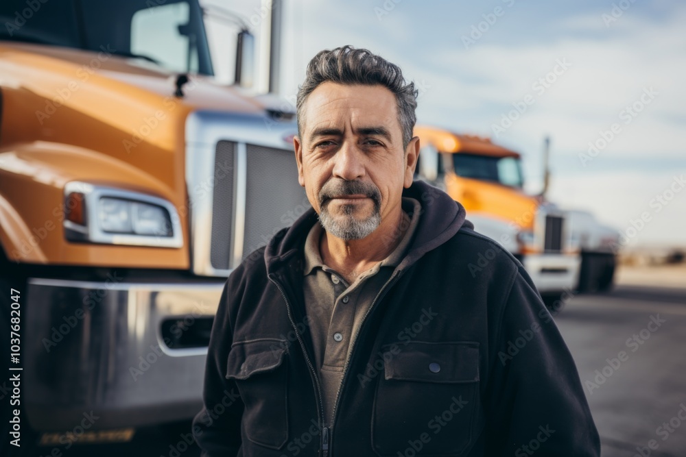 Portrait of a Hispanic truck driver infront of a truck in USA Portrait of a Hispanic truck driver infront of a truck in USA
