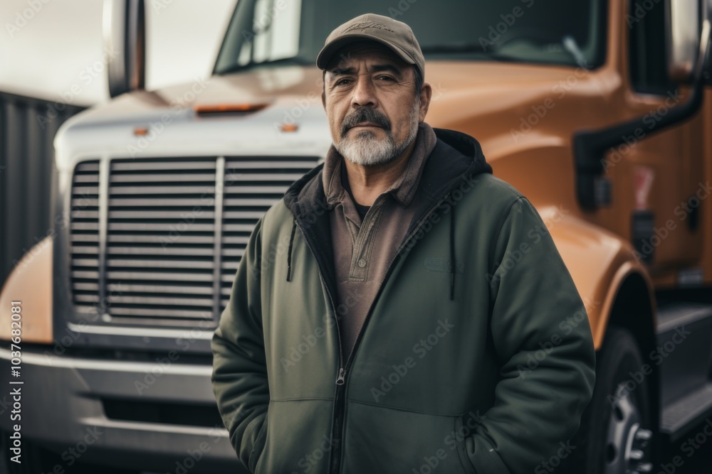 Portrait of a Hispanic truck driver infront of a truck in USA Portrait of a Hispanic truck driver infront of a truck in USA