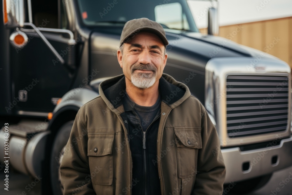 Portrait of a Hispanic truck driver infront of a truck in USA Portrait of a Hispanic truck driver infront of a truck in USA