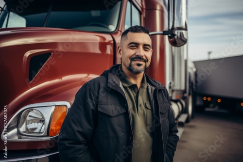 Portrait of a Hispanic truck driver infront of a truck in USA