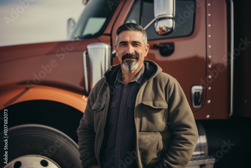 Portrait of a Hispanic truck driver infront of a truck in USA