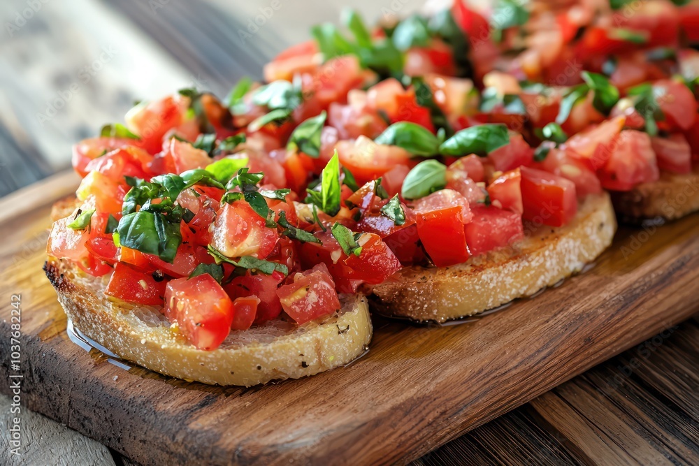 Classic Italian Appetizer with Fresh Chopped Tomatoes, Garlic, Olive Oil, and Basil on Wooden Serving Board Classic Italian Appetizer with Fresh Chopped Tomatoes, Garlic, Olive Oil, and Basil on Wooden Serving Board