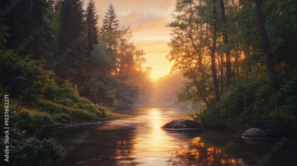 Oil painting depicting a serene river and lush forest during sunset showcasing natural beauty and a stunning landscape Oil painting depicting a serene river and lush forest during sunset showcasing natural beauty and a stunning landscape