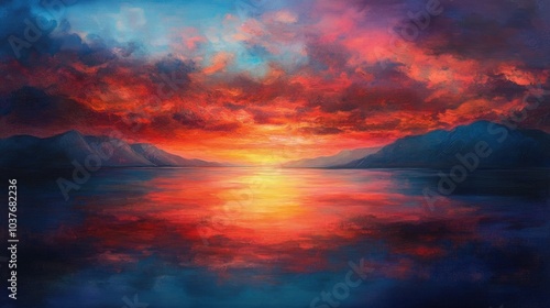 Oil painting depicting a vibrant sunset over a serene lake landscape