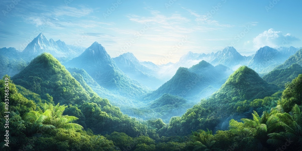 Scenic mountain view with lush greenery and clear skies, Lush mountain landscape with vibrant vegetation and blue skies Scenic mountain view with lush greenery and clear skies, Lush mountain landscape with vibrant vegetation and blue skies