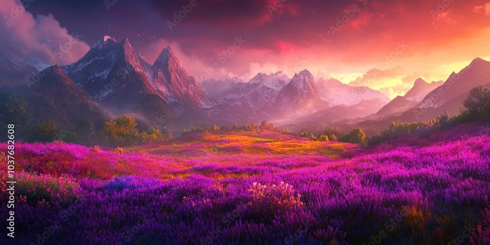 Stunning alpine scenery showcasing a vibrant field and majestic mountains, Vibrant alpine landscape with mountains and colorful field Stunning alpine scenery showcasing a vibrant field and majestic mountains, Vibrant alpine landscape with mountains and colorful field