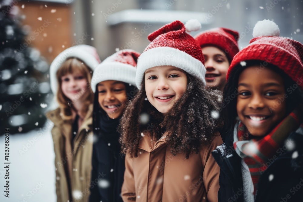 Portrait of a diverse kids students infront elementary school while snowing wearing Christmas hats Portrait of a diverse kids students infront elementary school while snowing wearing Christmas hats