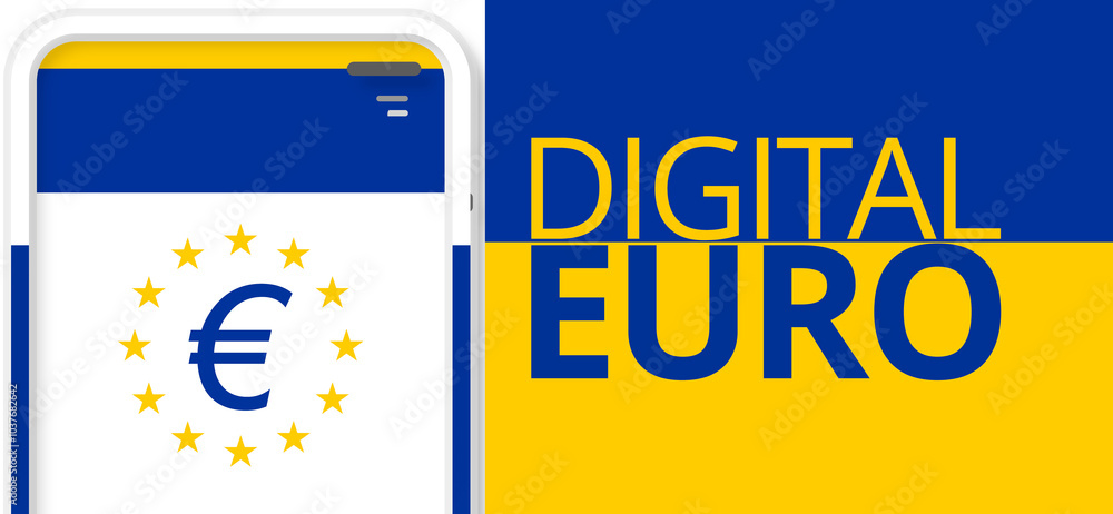 Fototapeta premium smartphone screen and eID as electronic Identification and D€ as Digital Euro, symbol icon word, yellow and blue as the style of the flag of the European Union, EU, Europe