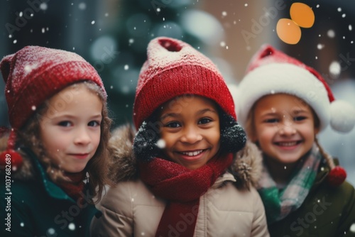 Portrait of a diverse kids students infront elementary school while snowing wearing Christmas hats