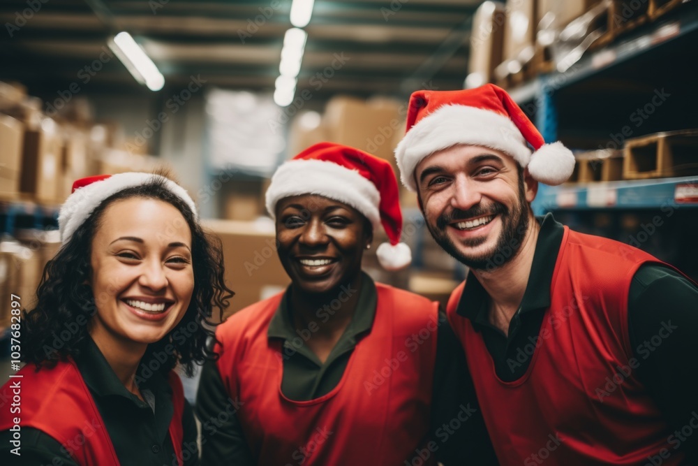 Fototapeta premium Portrait of a diverse warehouse workers in working uniforms smiling with Christmas hats