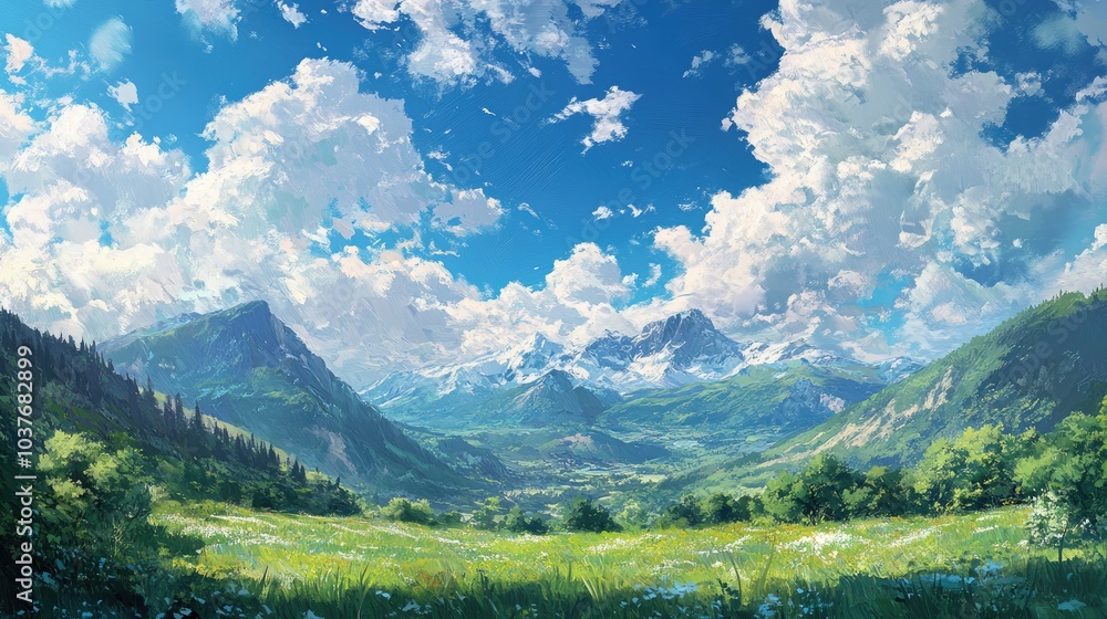 Naklejka premium Oil painting depicting a summer landscape of mountains under a blue sky adorned with clouds showcasing a vibrant natural scene filled with greenery
