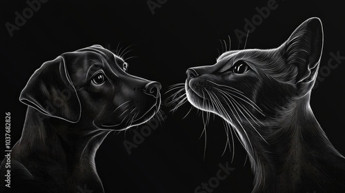 3D line art illustration of a dog and cat