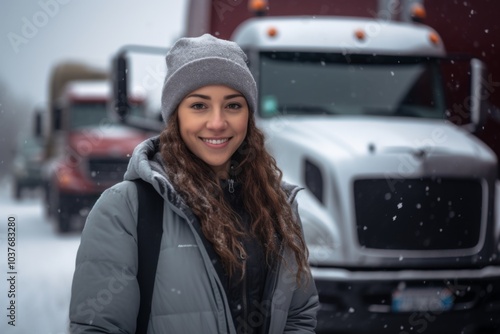 Portrait of a Hispanic female truck driver infront of a truck in Germany while snowing