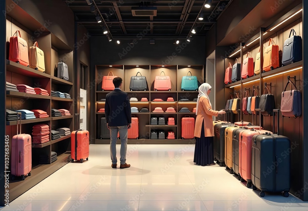 Customers Browsing Luggage in Stylish Store Customers Browsing Luggage in Stylish Store