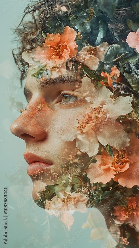 Floral Portrait: A Man's Face Embraced by Blossoms Floral Portrait: A Man's Face Embraced by Blossoms