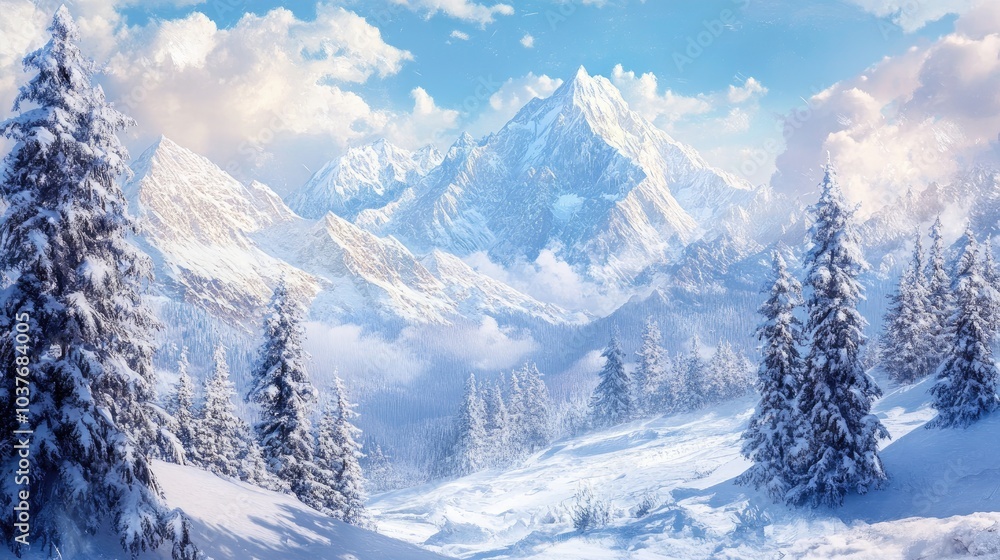 Oil painting of a stunning snow covered mountain landscape capturing the beauty of winter nature and the essence of travel and tourism Oil painting of a stunning snow covered mountain landscape capturing the beauty of winter nature and the essence of travel and tourism