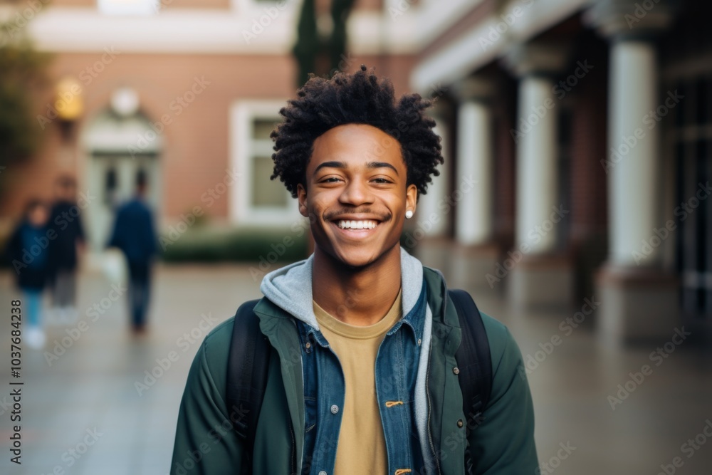Portrait of a smiling African American student in front of university in USA Portrait of a smiling African American student in front of university in USA