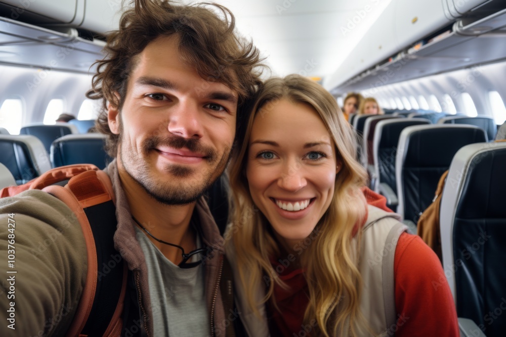 Portrait of a smiling couple tourist standing in airplane aisle Portrait of a smiling couple tourist standing in airplane aisle