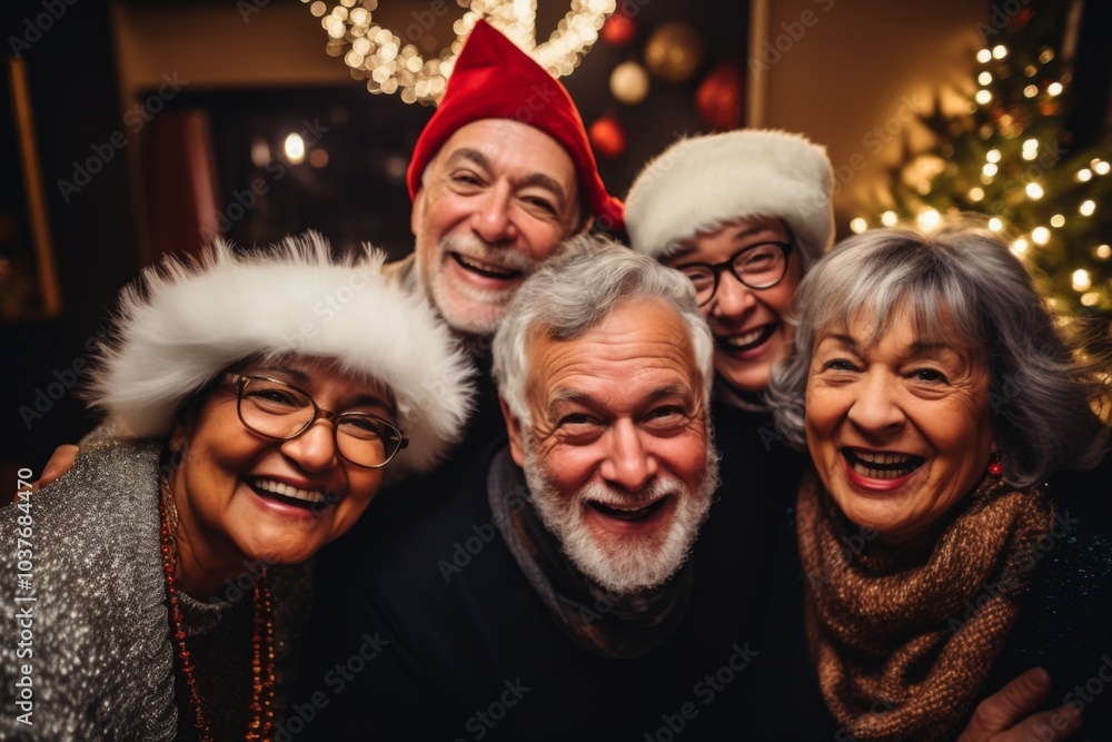 Portrait of a smiling diverse group of senior friends celebrating new years eve in the living room Portrait of a smiling diverse group of senior friends celebrating new years eve in the living room