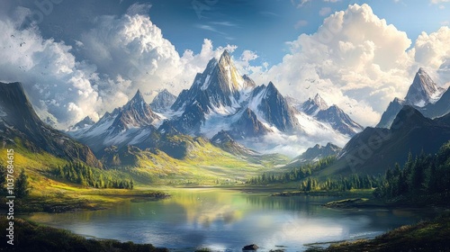 Illustration of a picturesque landscape featuring multiple peaks a serene lake and a cloudy sky