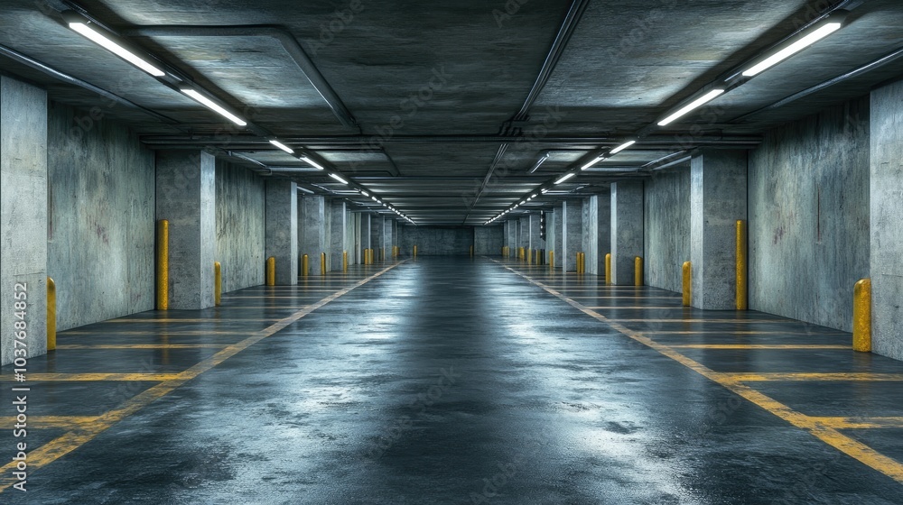 Futuristic 3D rendering of a clean cyberpunk tunnel corridor featuring industrial cement glossy concrete and a dark underground parking garage atmosphere Futuristic 3D rendering of a clean cyberpunk tunnel corridor featuring industrial cement glossy concrete and a dark underground parking garage atmosphere