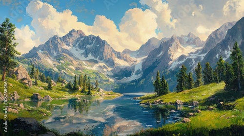 Oil painting depicting a stunning summer landscape with a vibrant morning view of majestic mountains showcasing the beauty of nature in a serene setting