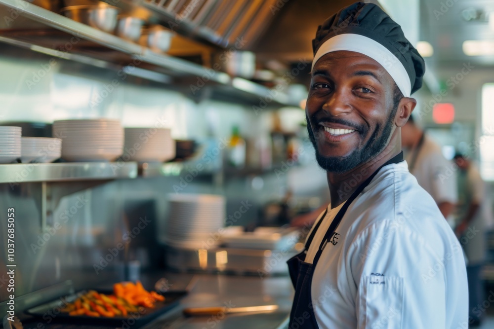 Portrait of a smiling American chef in restaurant kitchen Portrait of a smiling American chef in restaurant kitchen
