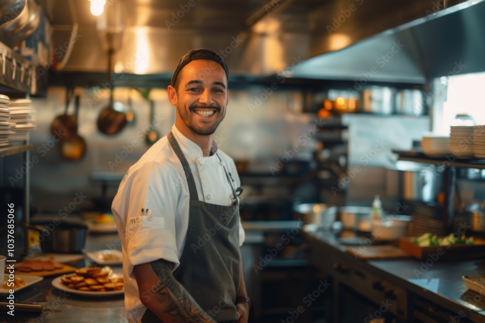 Portrait of a smiling American chef in restaurant kitchen Portrait of a smiling American chef in restaurant kitchen