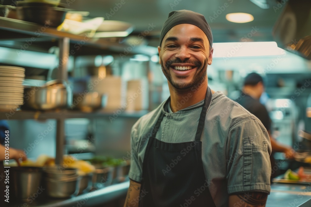 Portrait of a smiling American chef in restaurant kitchen Portrait of a smiling American chef in restaurant kitchen
