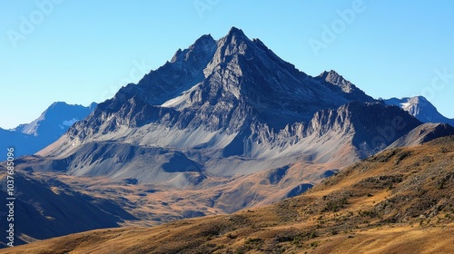 Majestic peaks rising against a clear sky showcasing the beauty of nature and rugged landscapes