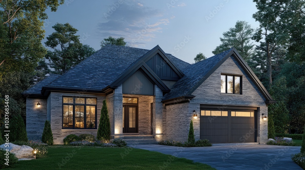 Obraz premium Contemporary upscale home featuring a private garage 3D rendering