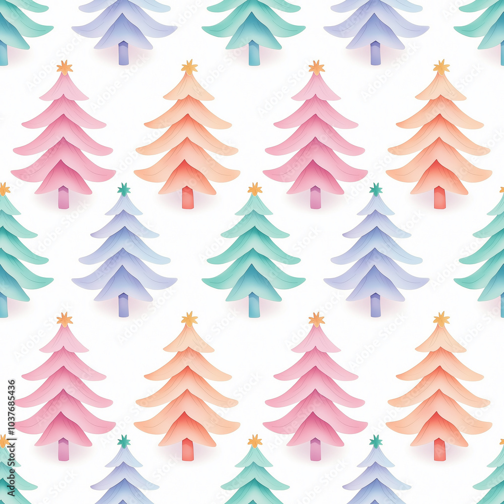 Obraz premium A playful, pastel-patterned background featuring various decorated Christmas trees,seamless pattern background