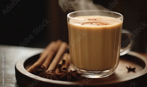 A steaming cup of chai tea with cinnamon sticks and star anise on a wooden tray.