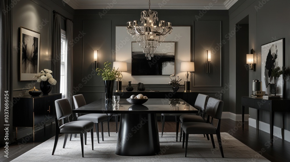 a modern and luxurious dining room with a dark and dramatic color palette. The walls are painted a deep gray, creating a sophisticated and intimate atmosphere. a modern and luxurious dining room with a dark and dramatic color palette. The walls are painted a deep gray, creating a sophisticated and intimate atmosphere.