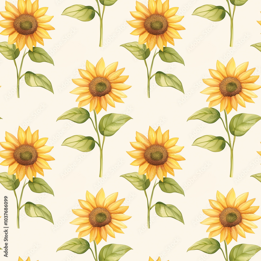 A vibrant pattern of sunflowers with green leaves on a light beige background,seamless pattern background A vibrant pattern of sunflowers with green leaves on a light beige background,seamless pattern background