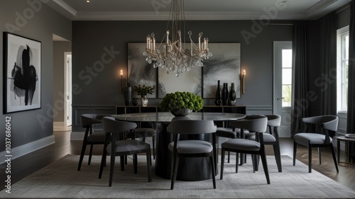 a modern and luxurious dining room with a dark and dramatic color palette. The walls are painted a deep gray, creating a sophisticated and intimate atmosphere.