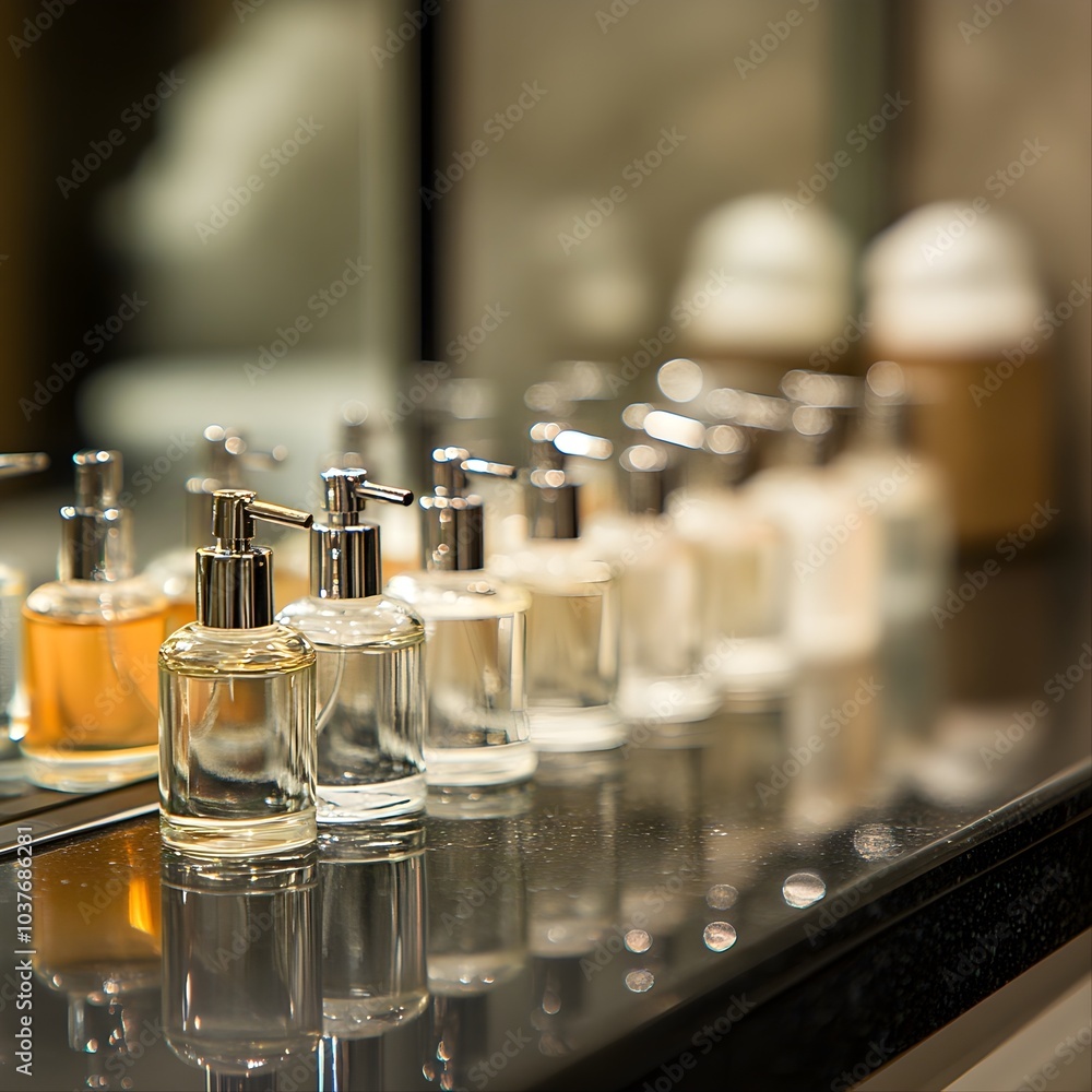 a line of small glass cosmetic bottles with pumps on a counter of the bathroom a line of small glass cosmetic bottles with pumps on a counter of the bathroom