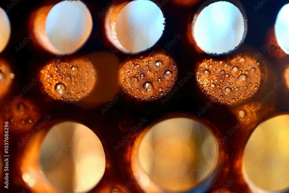 A Close-Up View of a Rusty, Circular Metal Surface with Water Droplets A Close-Up View of a Rusty, Circular Metal Surface with Water Droplets