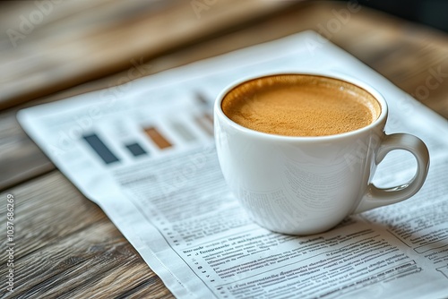 Coffee cup on a newspaper with charts. A perfect image for illustrating articles about business, finance, and the stock market.