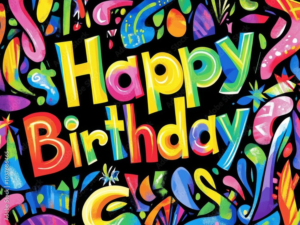 Colorful Happy Birthday backdrop featuring vibrant rainbow graffiti. Colorful Happy Birthday backdrop featuring vibrant rainbow graffiti.