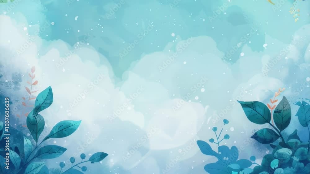Watercolor Background with Blue Leaves and Clouds Watercolor Background with Blue Leaves and Clouds