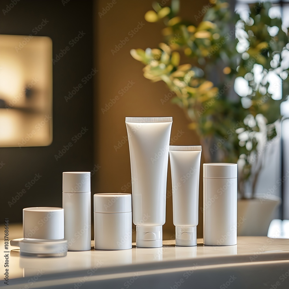 a straight on image of cosmetic tubes in various heights sitting on a counter of a spa a straight on image of cosmetic tubes in various heights sitting on a counter of a spa