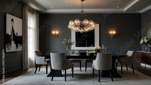a modern and luxurious dining room with a dark and dramatic color palette. The walls are painted a deep gray, creating a sophisticated and intimate atmosphere.